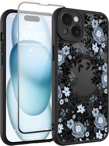 Vista 49 de Magnético para iPhone 13 con protector de pantalla [Compatible con MagSafe] Diseño de patrón floral de flores bonitas, funda delgada a prueba