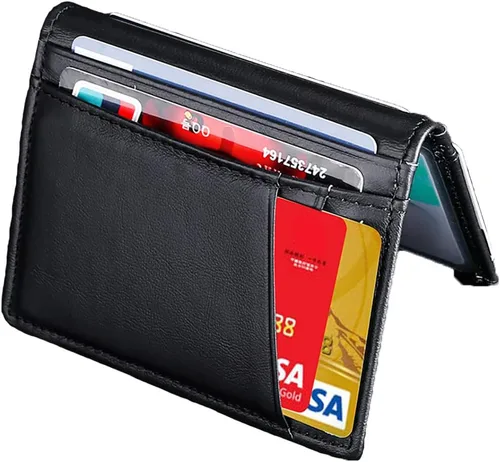 Vista 2 de DOFE Billetera delgada para hombre, con bloqueo RFID, con clip para dinero, 8 tarjetas, capacidad extra, billetera plegable con 2 ventanas