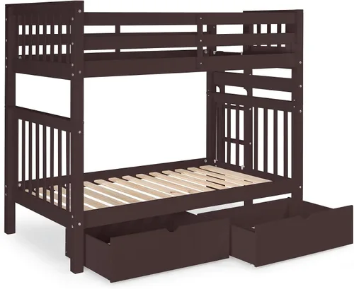 Vista 5 de Bedz King Literas altas de tamaño individual sobre individual, estilo Mission con escalera lateral y 2 cajones debajo de la cama, color cereza oscuro
