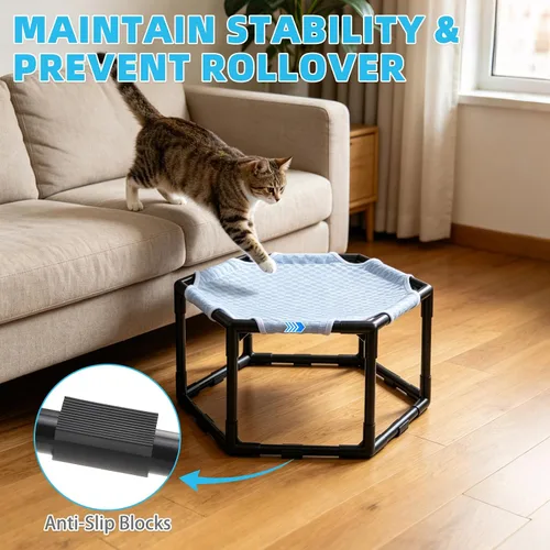 Vista 6 de Cama hamaca elevada para gatos, cuna hexagonal elevada para gatos con tela transpirable de gorro de hielo y bloque antideslizante, alfombrilla