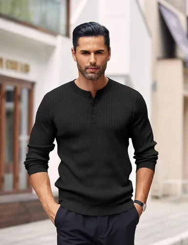Vista 20 de COOFANDY Suéter de punto Henley para hombre, manga larga, con botones, ligero, para otoño, ajustado, acanalado