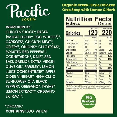 Vista 2 de Pacific Foods Caldo de pollo orgánico estilo griego con orzo, limón y hierba, lata de 16.1 oz