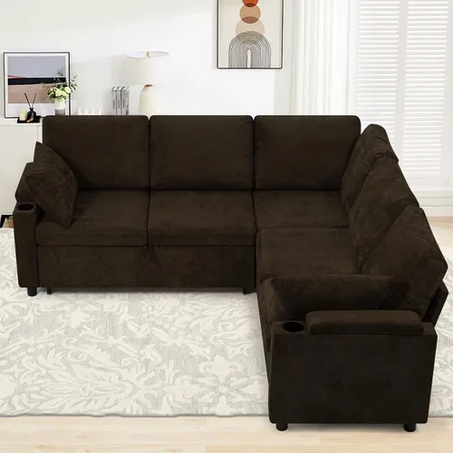 Vista 2 de Sofá modular de felpilla de 85 pulgadas con cama extraíble y Marrón