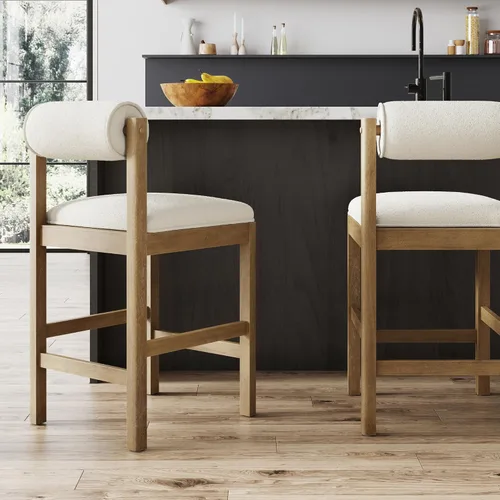 Vista 22 de Nathan James Dahlia - Silla de altura para encimera, taburete de bar moderno tapizado en bouclé con respaldo, patas de metal de mediados de siglo