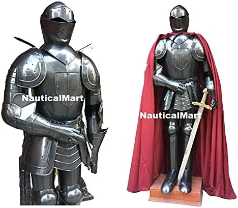 Vista 4 de NauticalMart Traje medieval de caballero negro con escudo, capa LARP