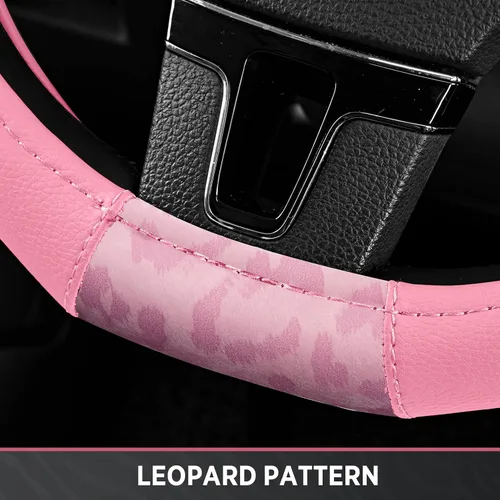 Vista 6 de Road Comforts Funda para volante, cubierta de volante de parte inferior plana hecha con piel de PVC y tela de leopardo, ajuste universal