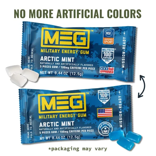Vista 3 de MEG - Goma de mascar energética militar - Arctic Mint 100 mg de cafeína por pieza para rendimiento físico, impulso de energía para entrenamientos