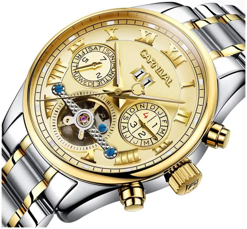 Vista 2 de Tourbillon automático para hombre multifunción zafiro oro acero inoxidable impermeable esfera azul reloj