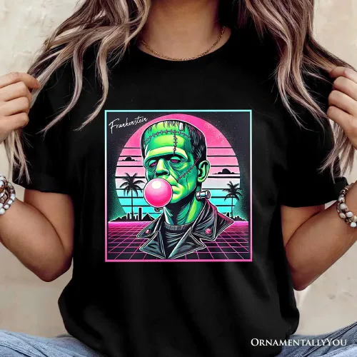 Vista 3 de Vaperwave Frankenstein - Camiseta de terror neón retro de los años 80 de Synthwave