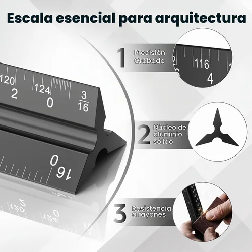 Vista 2 de Rena Chris Regla de escala arquitectónica: Herramientas de medición de arquitectura de metal de aleación de aluminio imperial de 12 pulgadas, dibujo