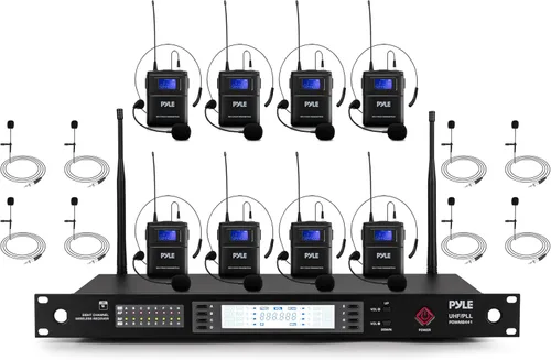 Vista 11 de Pyle Sistema de micrófono inalámbrico UHF de 8 canales con 4 micrófonos de mano, 4 Lavalier y 4 micrófonos de auriculares, rango de 300 pies