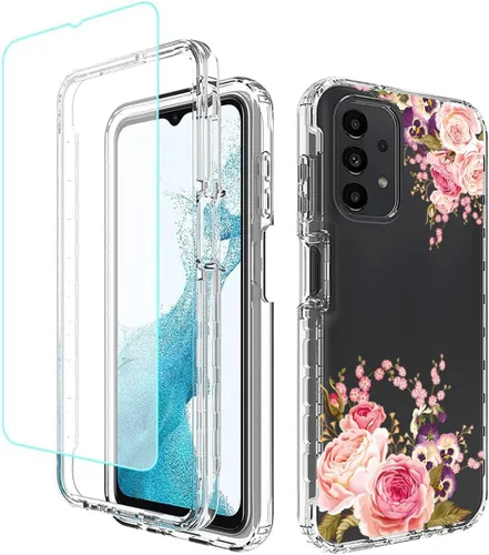 Vista 8 de Funda para Samsung Galaxy A23 SM-A235M con protector de pantalla de vidrio templado, cuerpo completo, diseño floral, a prueba de golpes, funda