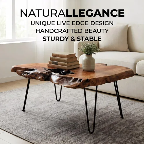 Vista 6 de Mesa de centro única de madera natural con borde vivo para sala de estar, madera maciza hecha a mano, diseño único con forma orgánica