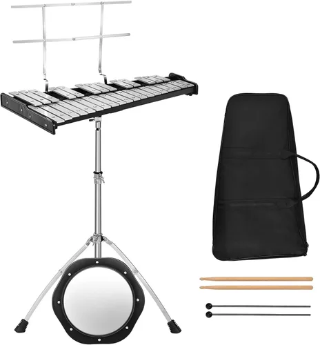 Vista 10 de Giantex Kit de Campanas de Percusión Glockenspiel de 30 Notas, Xilófono con Marco de Altura Ajustable, Atril Musical, Almohadilla de Práctica de 20