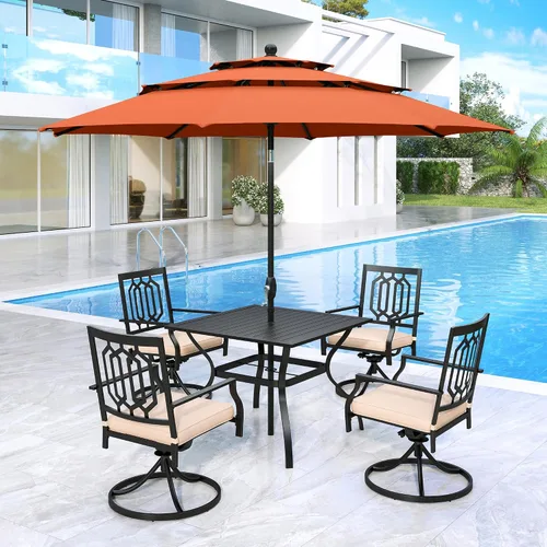 Vista 48 de MFSTUDIO Juego de mesa de comedor para patio al aire libre con paraguas, 4 sillas giratorias y 1 x 37 cuadrado Bistro forjado Iorn Slat mesa grande