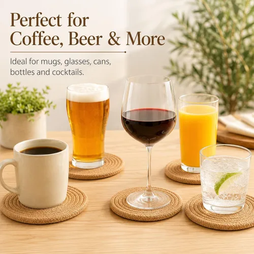 Vista 4 de ABenkle Juego de 6 posavasos tejidos para bebidas, posavasos absorbentes bohemios, 4.3 pulgadas, regalo perfecto para inauguración de la casa, Marrón