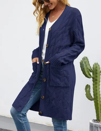 Vista 7 de MEROKEETY - Cárdigan largo de punto trenzado para mujer, suéter tejido de manga larga, abierto por delante y con botones, ropa para exteriores