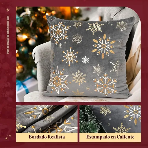 Vista 4 de Fundas de cojín decorativas de Lewondr para Navidad, con bordado de copo de nieve y patrón de estampado en caliente, para sofá, cama, silla Gris