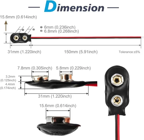 Vista 3 de CHANZON Conector de clip de batería de 9 V, soporte de carcasa de cuero tipo I y cable UL de plomo desnudo paquete de 20 piezas kit para Arduino