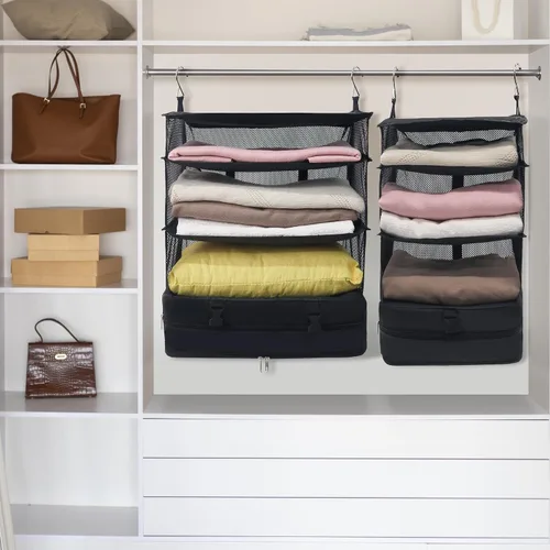 Vista 6 de Caroeas Estantes de viaje colgantes portátiles, bolsa organizadora de maleta, cubos de equipaje de mano para viajes, maleta de 3 estantes con 2