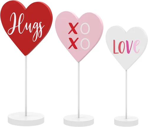 Vista 7 de 3 piezas de decoración de mesa de madera en forma de corazón para el día de San Valentín con base adornos de corazón para el día de San Valentín