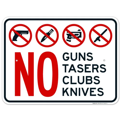 Vista 10 de Letrero de No Guns No Tasers No Clubs No Knives de 10 x 7 pulgadas, libre de óxido, aluminio 040, resistente a la decoloración, fabricado en Estados