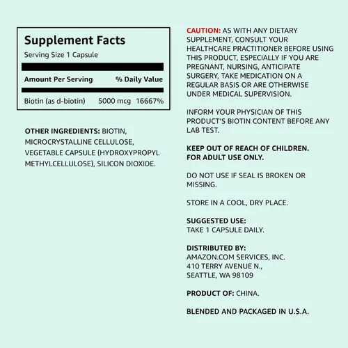 Vista 2 de Biotina de Amazon Elements de 5,000 mg, vegana; 130 cápsulas