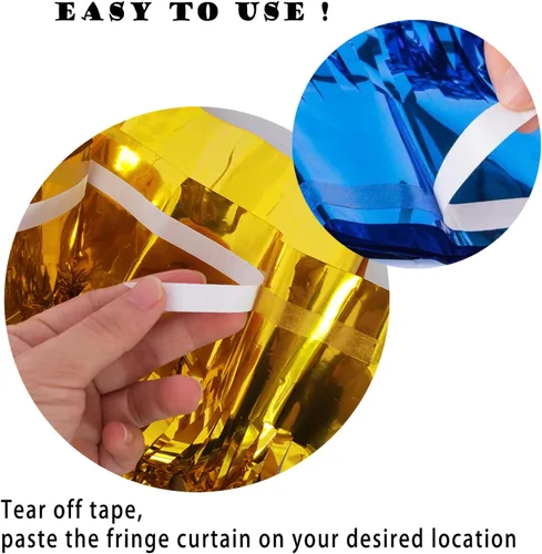 Vista 6 de Paquete de 2 cortinas de flecos de papel de aluminio azul y plateado, accesorios para cabina de fotos, telón de fondo de oropel para graduación