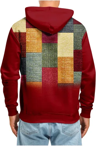 Vista 5 de Sudaderas con capucha para hombre, diseño de retazos a cuadros, casual, manga larga, con cordón de bolsillo