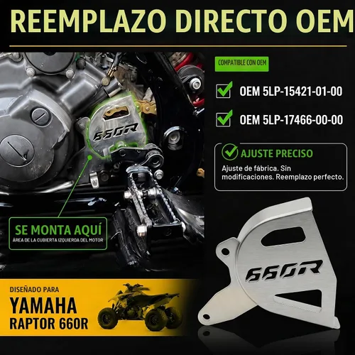 Vista 4 de Raptor 660R - Protector de caja de acero inoxidable cepillado – Cubierta de piñón resistente y guía de cadena Reemplazo directo para OEM