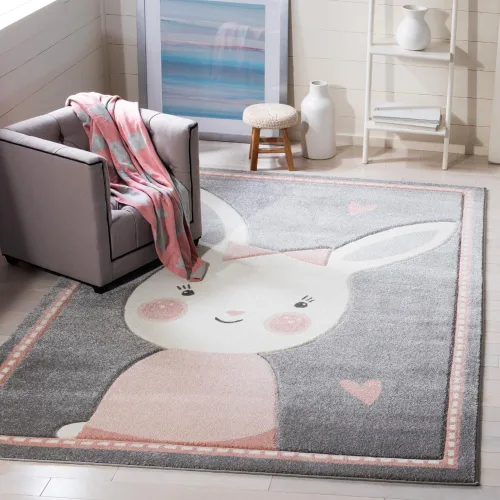 Vista 10 de SAFAVIEH Carousel Kids Collection - Alfombra decorativa de 2 x 3 pies, diseño de conejo, color gris y marfil, no desprende pelusa y de fácil