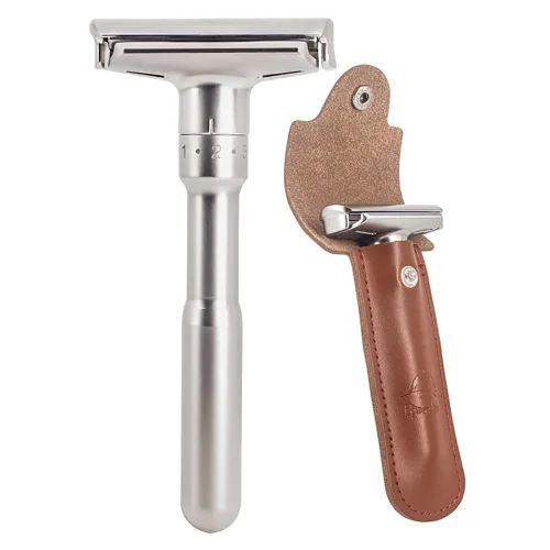 Vista 10 de River Lake RZ700 - Maquinilla de afeitar de seguridad clásica ajustable con mango largo (Razor con funda protectora y soporte)