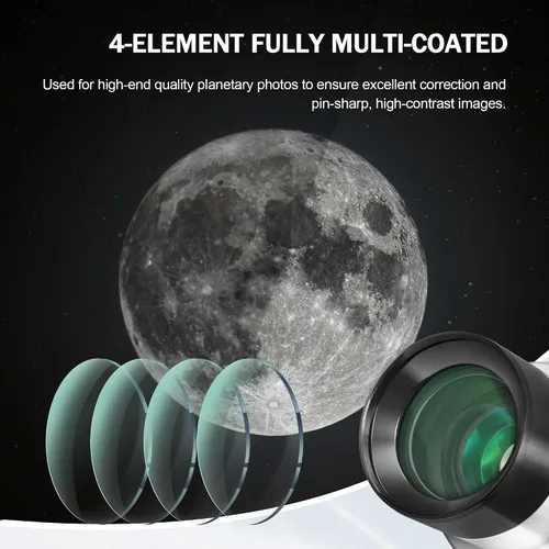 Vista 5 de Astromania Barlow Lens 2x, 2 pulgadas, 4 elementos totalmente multicapa de metal de alta potencia, accesorio de telescopio con anillo interno