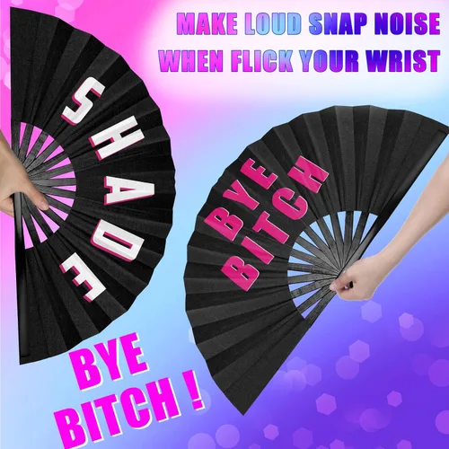 Vista 4 de Amyhill Rave Fan - Paquete de 2 abanicos grandes plegables para festivales, ventilador chino icónico de bambú con voz para hombres y mujeres