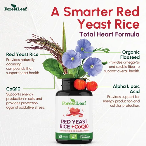 Vista 2 de Arroz de Levadura Roja 1215 mg. Cápsulas – Levadura de Arroz Rojo de Fuerza Extra con Suplemento CoQ10, Más Ácido Alfa Lipoico y Linaza Orgánica