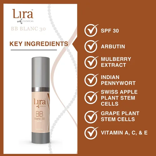Vista 3 de Lira Clinical BB SPF 30 Crema tintada - Células madre vegetales - 0.7 onzas, Blanc 30 Full Coverage, Vitamins C & E with Antioxidants - Smooths &