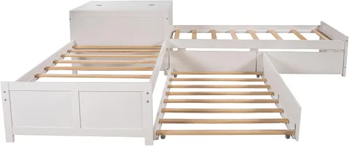 Vista 6 de Moderna cama de plataforma en forma de L con nido y cajones, cama de plataforma de madera de tamaño individual con mesa cuadrada abatible White#w