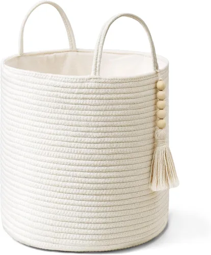 Vista 13 de Mkono - Canasta de almacenamiento tejida, canasta decorativa de cuerda natural con cuentas de madera para mantas, juguetes, ropa, zapatos y plantas