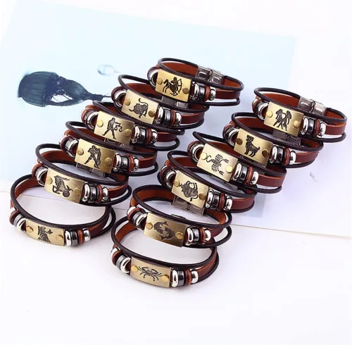 Vista 3 de Pulsera de cuero con 12 constelaciones, de acero inoxidable, estilo retro, para mujeres, hombres, pareja