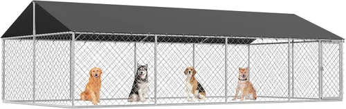 Vista 10 de Caseta para Perros al Aire Libre, Jaula Resistente para Perros, Casa para Mascotas con Malla, Jaula Grande para Perros, Valla de Acero con Cerradura