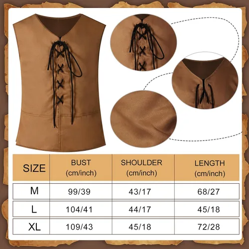 Vista 5 de Capoda Disfraz de pirata para adulto, 5 unidades, camisa vikinga medieval, pantalones de pirata, bandana, cinturón para Halloween, fiesta de cosplay