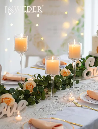 Vista 2 de Portavelas de cristal alto: portavelas flotantes de tallo largo para velas votivas y pilares grandes centros de mesa transparentes para boda, mesa