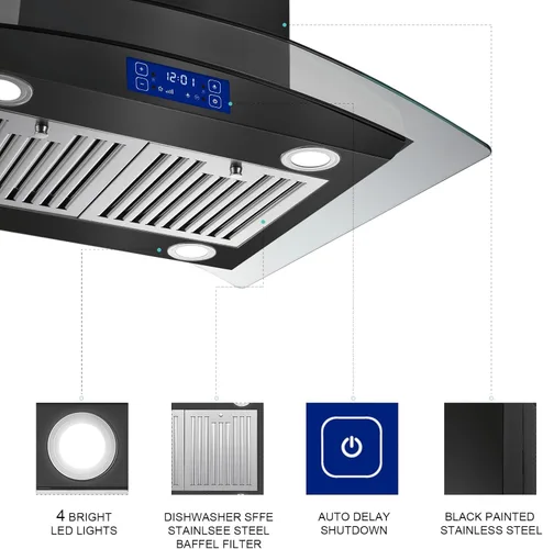 Vista 3 de JOEAONZ Campana extractora Isla de 30 pulgadas, color negro, 700 CFM, campana de ventilación para montaje en techo con panel táctil y gestos