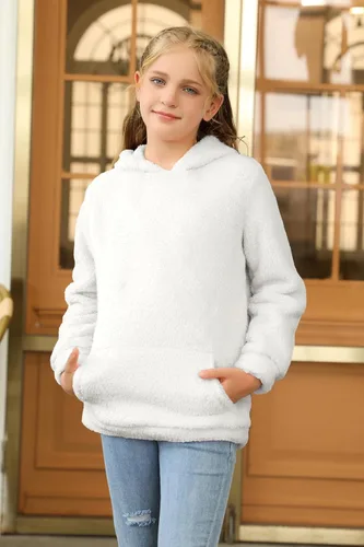 Vista 4 de Haloumoning Sudadera con capucha de forro polar mullido para niñas de 4 a 15 años
