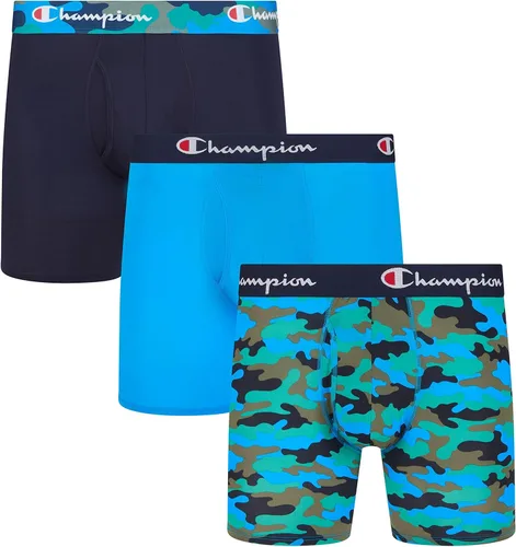 Vista 7 de Champion Calzoncillos tipo bóxer elásticos ligeros para hombre, paquete de 3 unidades Negro con logotipo de escritura/cian eléctrico/escarlata