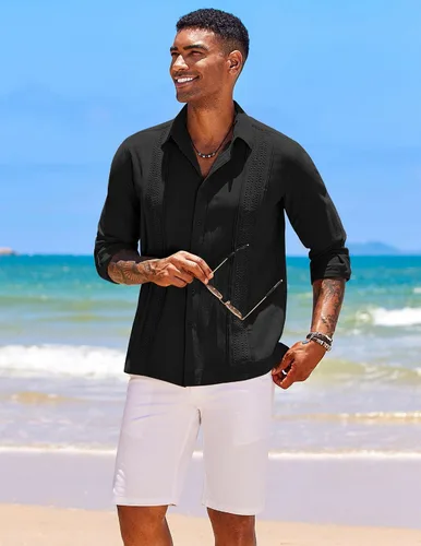 Vista 2 de COOFANDY Camisas de guayabera cubana para hombre, de manga larga, informal, con botones, de algodón, para la playa