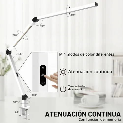 Vista 3 de Micomlan Lámpara de escritorio LED con abrazadera, lámpara de mesa de doble luz con brazo oscilante ajustable, cuidado de los ojos, 4 modos CCT y 5
