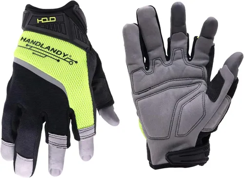 Vista 21 de HANDLANDY Guantes tácticos de impacto sin dedos para hombre, guantes de trabajo con agarre acolchado de medio dedo, guantes de conductor de Verde