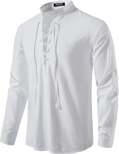 Vista 79 de JEMITOP Men's Pure Cotton Renaissance Lace Up Shirt Verde militar