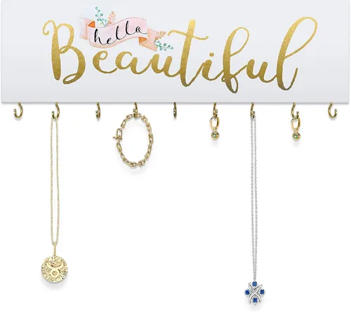 Vista 4 de SANY DAYO HOME Organizador de joyas montado en la pared, moderno soporte de madera con 9 ganchos de metal para collares, anillos, aretes, pulseras